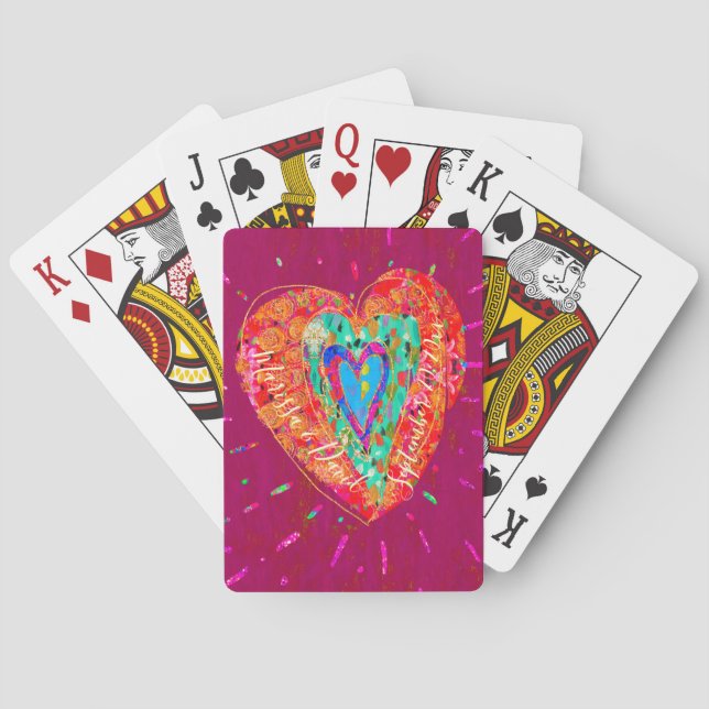 Retro Hippie Pink Turquoise Heart Couple Date Playing Cards (Back)