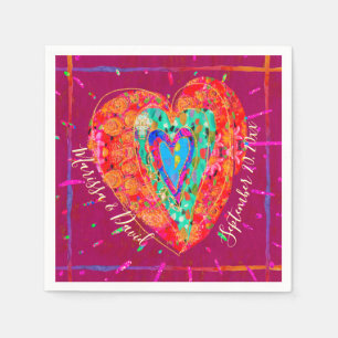 Retro Hippie Pink Turquoise Heart Couple Name Date Napkin
