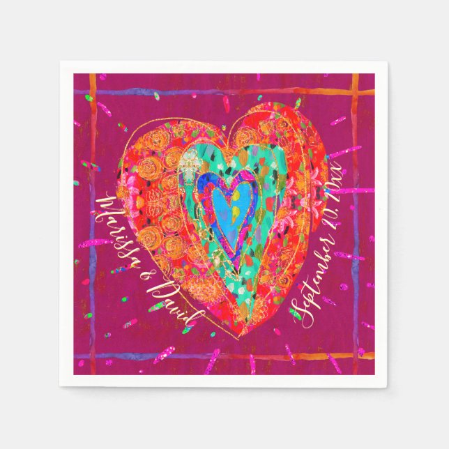 Retro Hippie Pink Turquoise Heart Couple Name Date Napkin (Front)