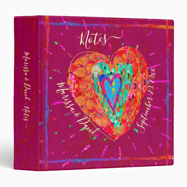 Retro Hippie Pink Turquoise Heart Couple Notes Binder (Front/Spine)