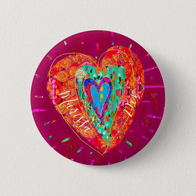 Retro Hippie Pink Turquoise Heart Name 2 Inch Round Button (Front)