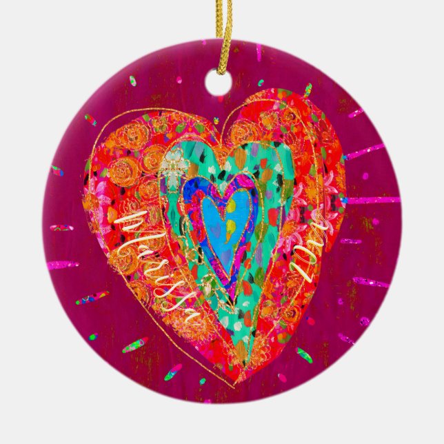 Retro Hippie Pink Turquoise Heart Name Year Ceramic Ornament (Front)