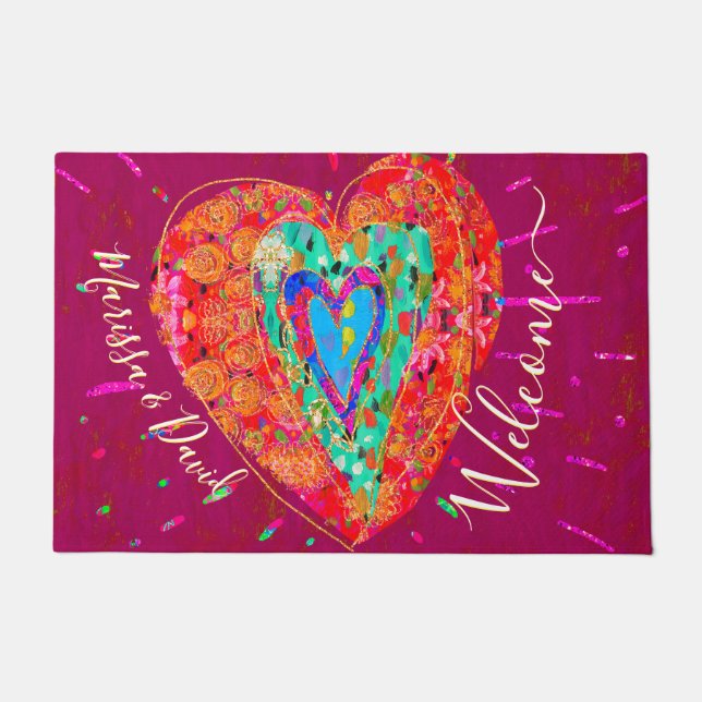 Retro Hippie Pink Turquoise Heart Valentines Day Doormat (Front)