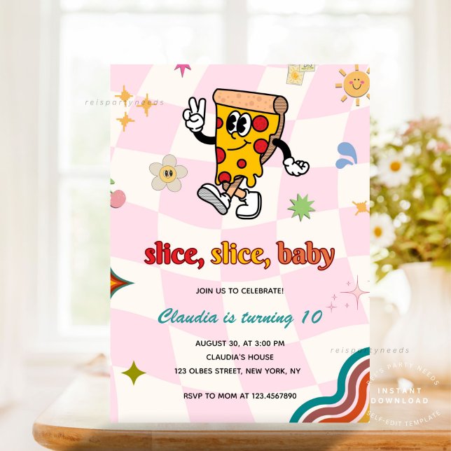 Retro Hippie Pizza Birthday Party Invitation (Pizza Party, Pizza Birthday Invitation, Slice Slice Baby Invitation, Pizza Making Birthday, Retro Pi)