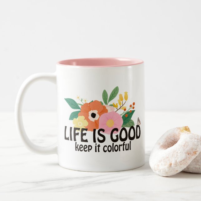 Retro Hippie Positive Quote  Two-Tone Coffee Mug (With Donut)