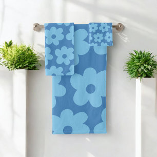 Retro Hippie Preppy Blue Flower Y2K Pattern Bath Towel Set