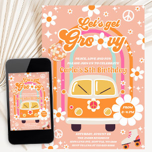 Retro Hippie Rainbow Let's Get Groovy 5th Birthday Invitation