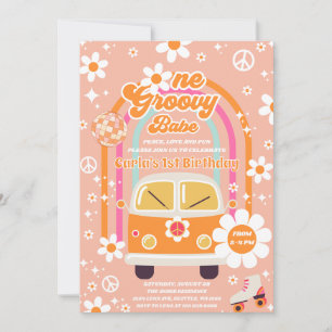 Retro Hippie Rainbow One Groovy Babe 1st Birthday Invitation