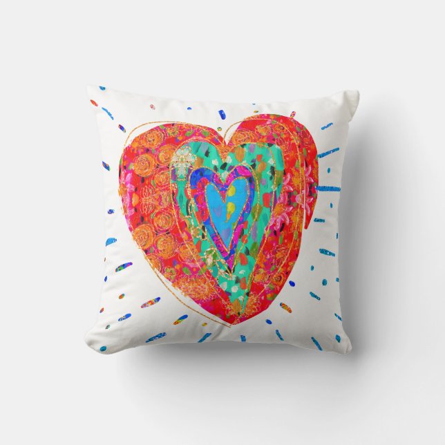 Retro Hippie Red Pink Turquoise Watercolor Heart Throw Pillow (Front)