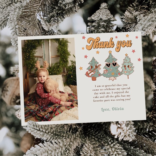 Retro Hippie Rockin' Christmas Tree Birthday Photo Thank You Card (Creator Uploaded)