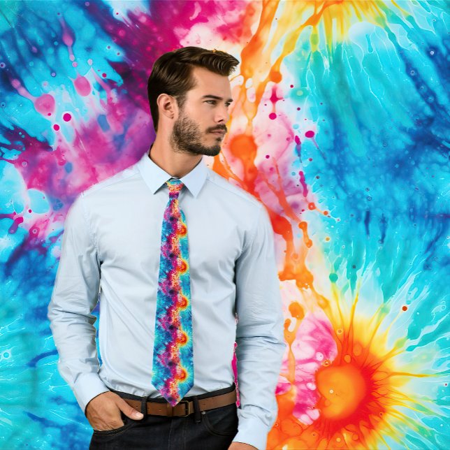 Retro Hippie Style Psychedelic Tie-Dye Tie (Man wearing colorful retro 1960s style rainbow tie-dye necktie.)