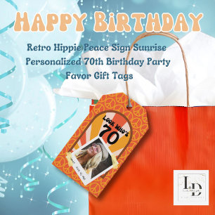 Retro Hippie Sunrise 70th Custom Photo Birthday Gift Tags