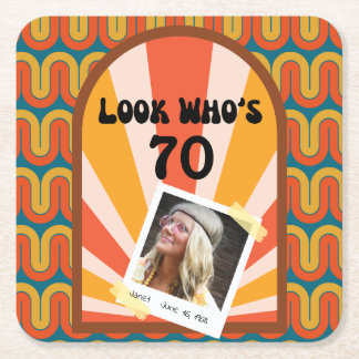 Retro Hippie Sunrise Photo Birthday Paper Coaster
