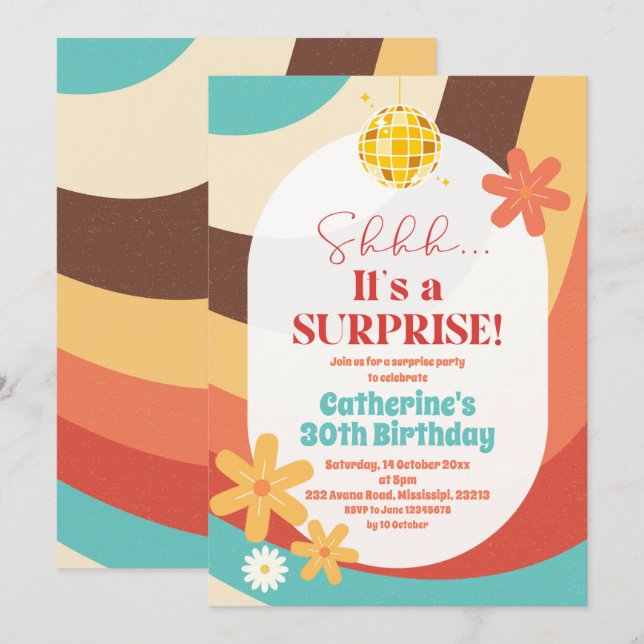 Rétro Hippie surprise Invitation d'anniversaire (Devant / Derrière)