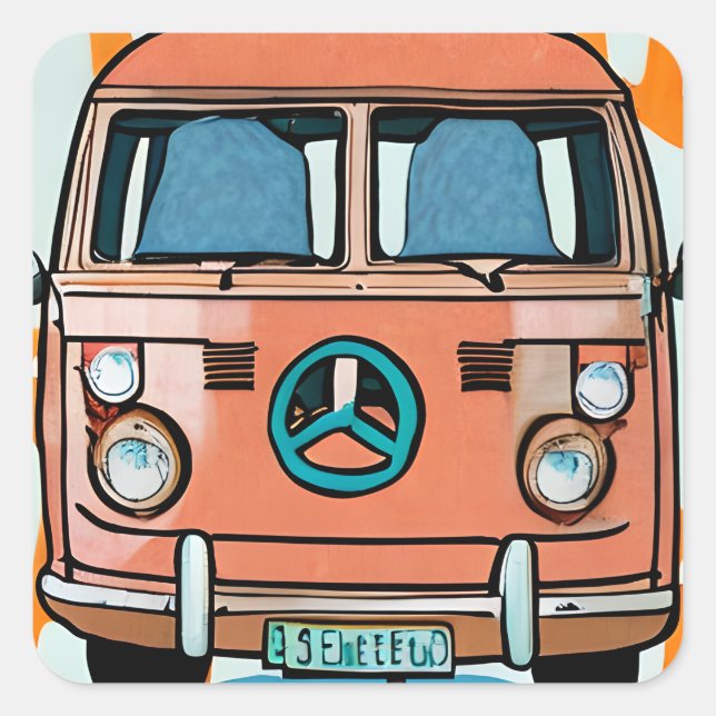 Retro Hippie Van Vintage Colours Art Square Sticker (Front)