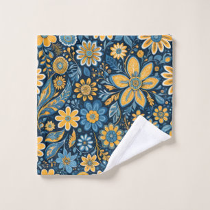 Retro Hippie Vintage  Flowers  Design  Yellow Blue Bath Towel Set