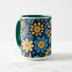 Retro Hippie Vintage Flowers Design Yellow Blue Mug