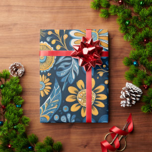 Retro Hippie Vintage  Flowers  Design  Yellow Blue Wrapping Paper