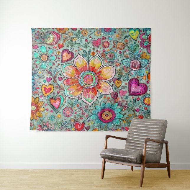 Retro Hippie: Yellow Flower Abstract Tapestry (In Situ (Horizontal))
