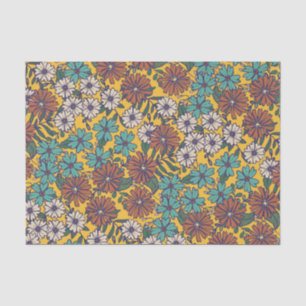 Retro Hippie Yellow Turquoise 70s Floral Pattern Tissue Paper