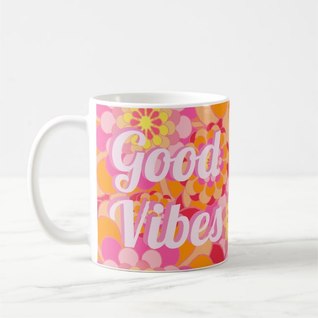 Retro Hippy Orange Pink Flowers Good Vibes Coffee Mug (Left)
