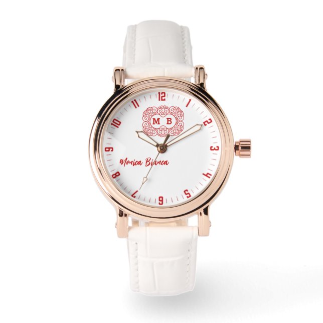 Retro Hipster Monogram white and red  Watch (Front)