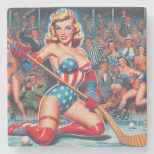 Retro Hockey Pin-up Stone Coaster