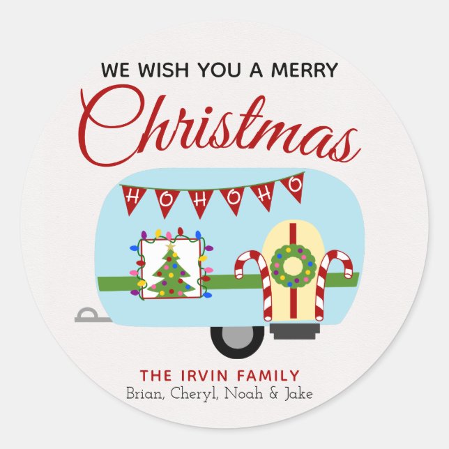 Retro Holiday Camper Personalized Christmas Sticke Classic Round Sticker (Front)