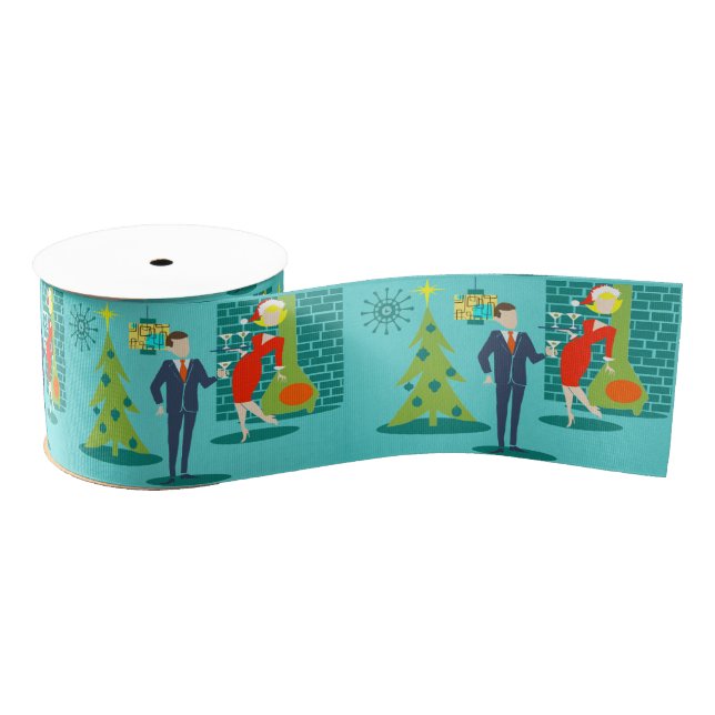 Retro Holiday Cartoon Couple Christmas Ribbon Grosgrain Ribbon (Spool)