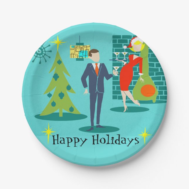 Retro Holiday Cartoon Couple Paper Plates (Front)