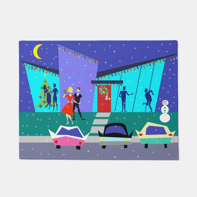 Retro Holiday Cartoon Party Christmas Door Mat (Front)