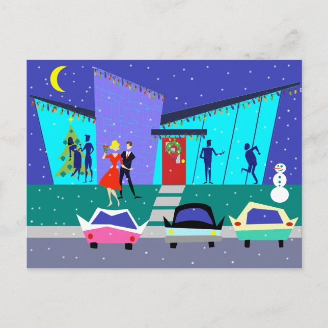 Retro Holiday Cartoon Party Christmas Postcard (Front)