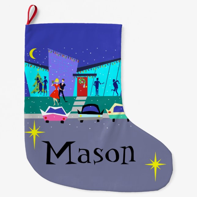 Retro Holiday Cartoon Party Christmas Stocking (Front)