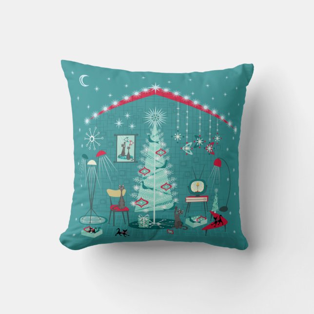 Retro Holiday Decorating Throw Pillow (Front)