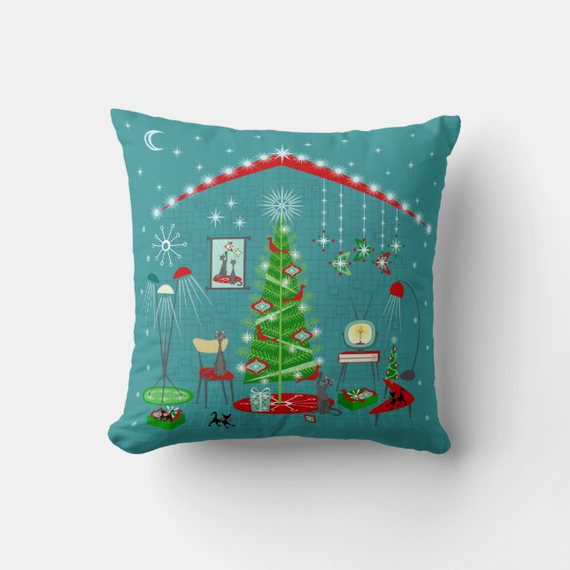 Retro Holiday Decorating Throw Pillow (Front)