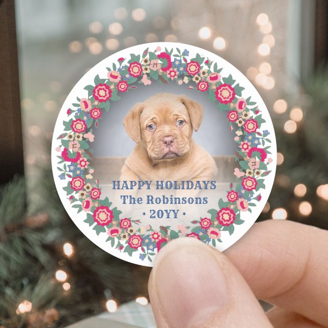 Retro Holiday Floral Wreath Photo Festive Colourfu Classic Round Sticker (Creator Uploaded)