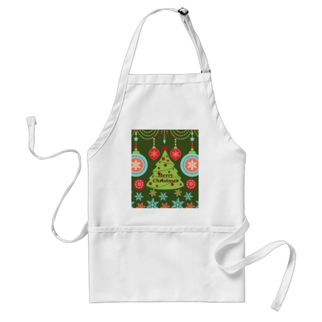 Retro Holiday Merry Christmas Tree Snowflakes Standard Apron (Front)