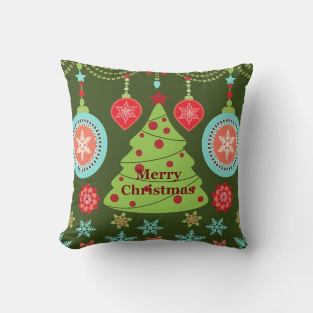 Retro Holiday Merry Christmas Tree Snowflakes Throw Pillow (Front)