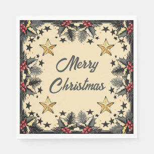 Retro Holly Berries and Evergreen  Napkin