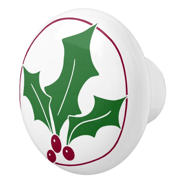 Retro Holly Berries I, Red Trim Ceramic Knob (Right)