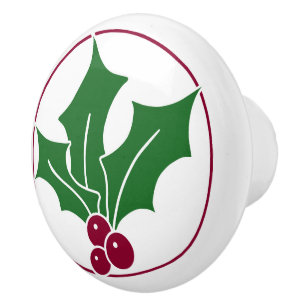 Retro Holly Berries III, Red Trim Ceramic Knob