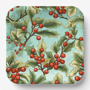 Retro Holly Christmas Large Paper Plate