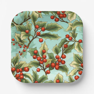 Retro Holly Christmas Small Paper Plate