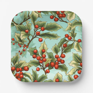 Retro Holly Christmas Small Paper Plate