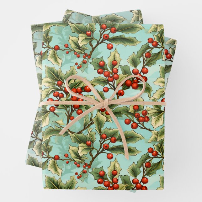 Retro Holly Christmas Wrapping Paper Sheet (In situ)