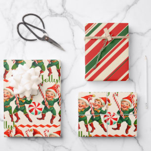  Retro Holly Jolly Christmas Elves  Wrapping Paper Sheet