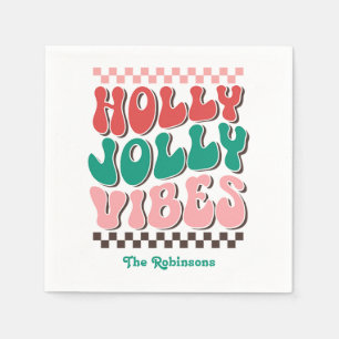 Retro Holly Jolly Vibes Custom Christmas Party Napkin