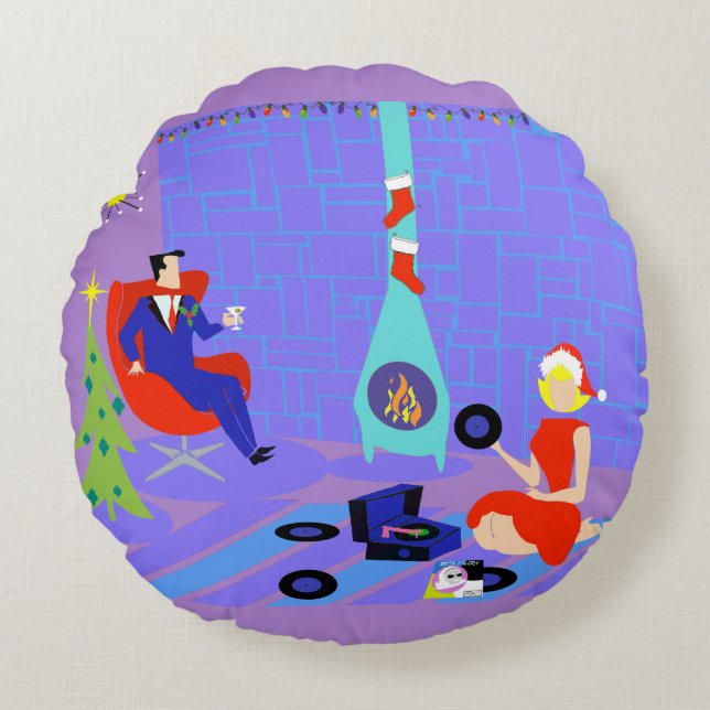 Retro Home for the Holidays Round Coussin (Devant)