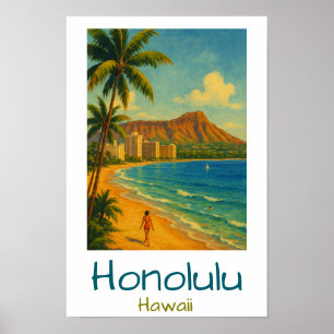 Retro Honolulu Hawaii Waikiki Beach Poster