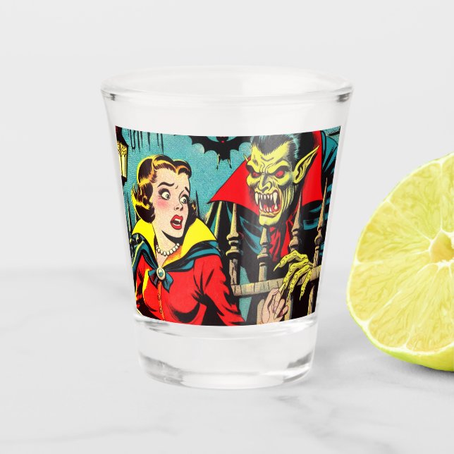 Retro Horror Vampire Comics Shot Glass (Front)
